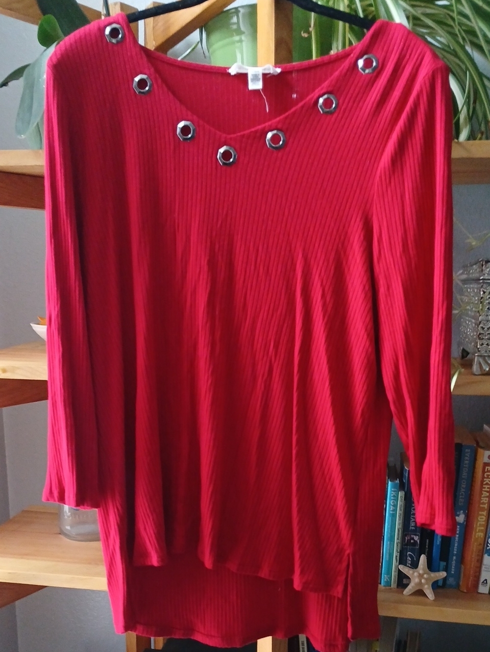 Women’s Long Sleeve Ribbed Top with Grommet Detail in Red